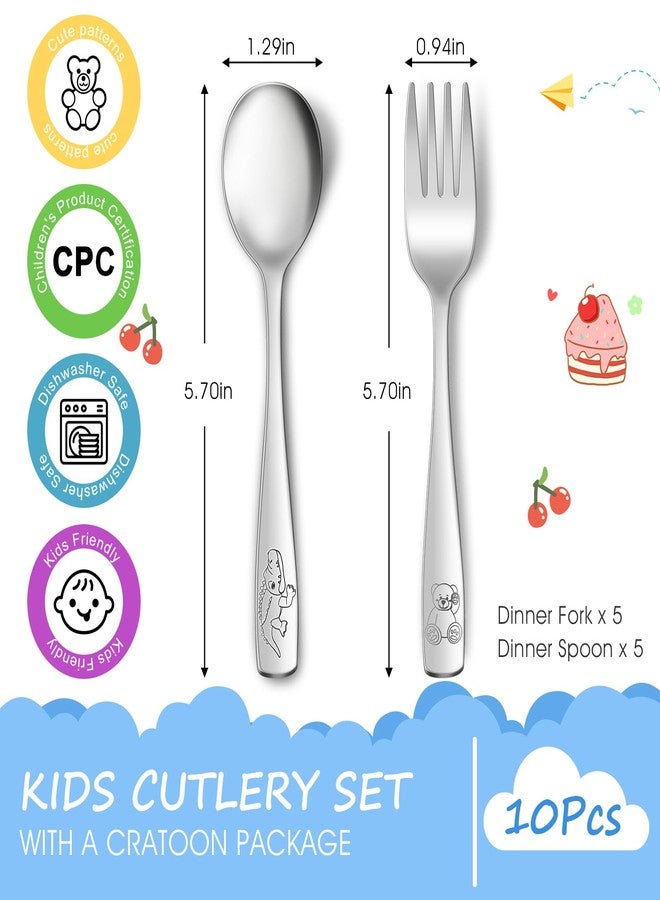 AUOIKK 10-Piece Toddler Flatware, Kids Utensils Stainless Steel Cutlery Set, Children Safe Spoons and Forks with Ergonomic Handle, Easy to use and Dishwasher Safe (Crocodile and Bear) - Image 2